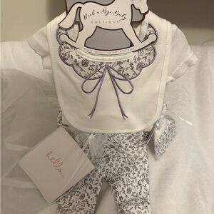 White and Purple Scalloped Newborn set with Bib with bow design